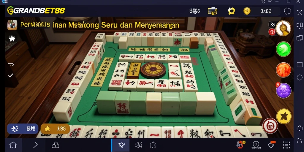 Tampilan gameplay seru GRANDBET88 dengan ubin Mahjong berwarna-warni.