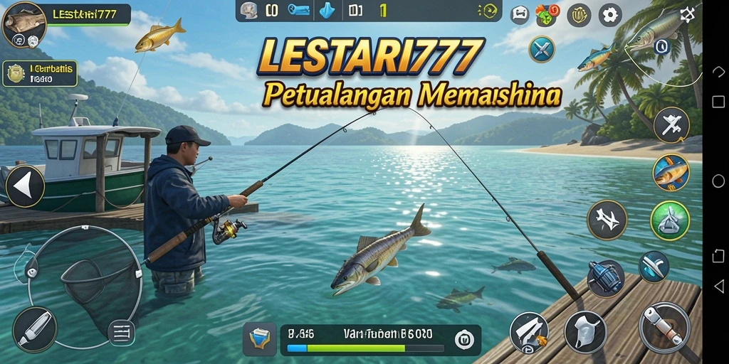 Screenshot gameplay LESTARI777 dengan berbagai ikan dan pemandangan laut.