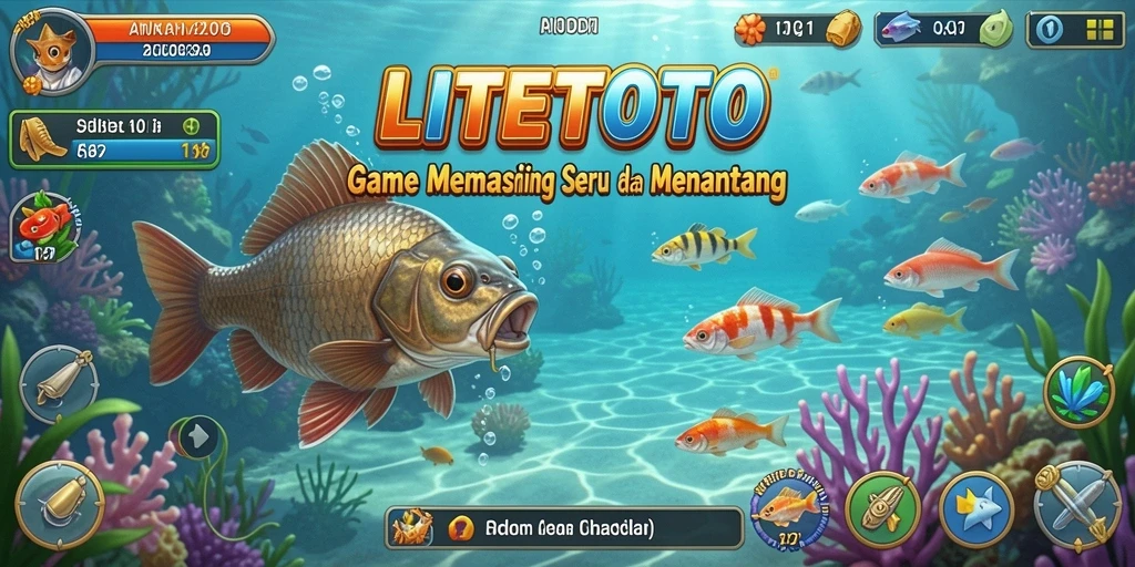 Tampilan gameplay LITETOTO yang seru saat memancing ikan di lautan.