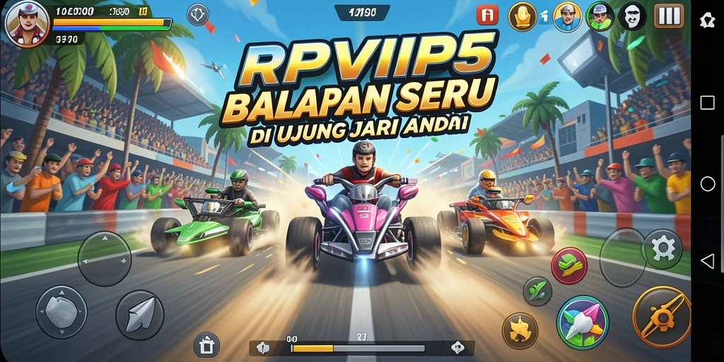 Screenshot gameplay RPVIP5 dengan mobil balap yang sedang melaju.