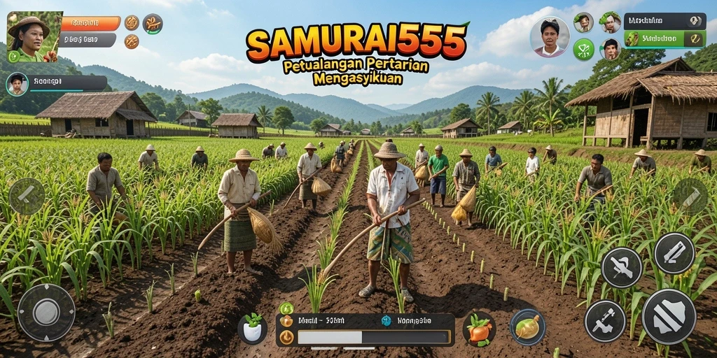 Screenshot utama SAMURAI555 menampilkan aktivitas bertani yang seru.